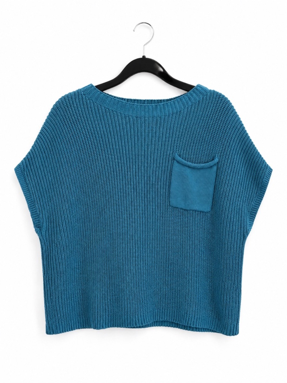 LILLUSORY Cotton Knit Sweater Top XL Blue Short Sleeve Pocket
